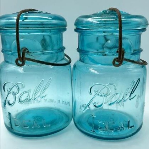 画像1: 【希少】アンティーク メイソンジャー Ball Mason jar  ビンテージ　スモール　ワイヤー型　ブルー (1)